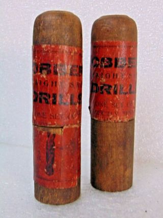 2 Antique Vintage Primitive Wooden Boxes Tubes Jobbers Drills Tools $9.  95 No Rsv