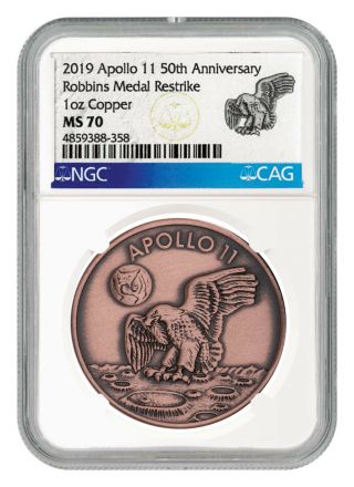 2019 Apollo 11 50th Robbins Medal 1 Oz Copper Antiqued Medal Ngc Ms70 Sku55120