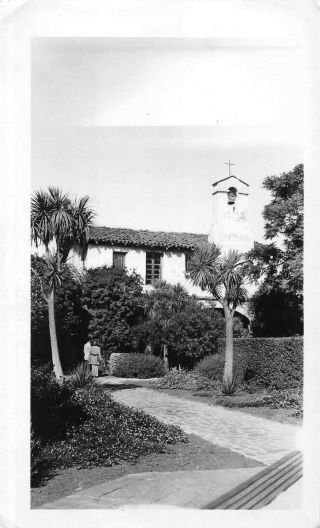 Spanish Mission Church California Palm Trees Vintage Black White Photo