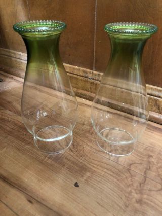 2 - Vintage Clear Glass Green Beaded Top Hurricane Lamps Chimney Globes Shades