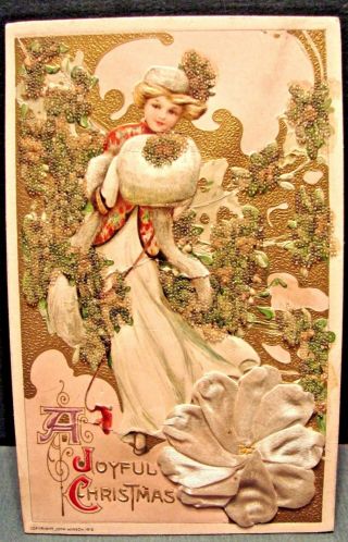 Antique Vintage Christmas Postcard Winsch Lady Puffy Silk Flower