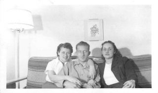 Funny Man Sitting With 2 Women Smiles Side Eye Vintage Black White Photo
