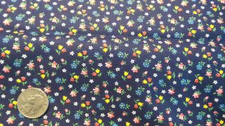 Vintage Cotton Fabric Small Red,  Blue,  White,  Yellow Floral On Navy 1 Yd/44 " Wide
