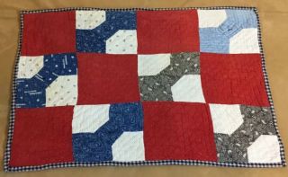 Vintage Patchwork Small Quilt,  Bow Tie,  Early 1900’s,  Hand Quilted,  Red,  Blue