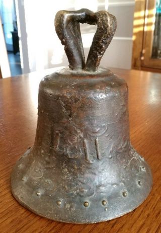 Antique Bronze Mission Bell Marked 1811 Floral Design Great Patina 6 " X 5 5/8 "