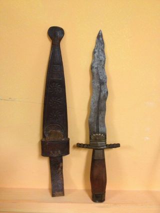 Antique Kris Dagger Knife & Tooled Leather Sheath Pre Ww Ii Vintage Philippines