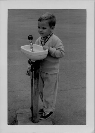 Vintage Photo Adorable Little Boy Dressed Getting A Drink Of Water Fountain