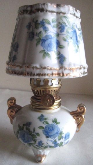 Vintage Small Hurricane Oil Lamp Hand Painted Blue Floral Motif Japan
