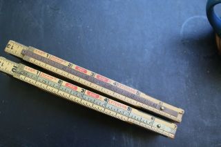 2 Lufkin Extension Folding Wood Brass Rulers X46 Red End W/ 6 " Extender