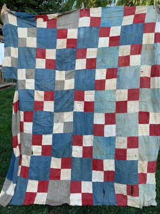 Vintage Hand Pieced Early Red,  Blue & Tan Calicos Four Patch Quilt Top