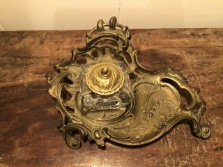 Vintage Victorian Antique Style Brass Desk Tray Art Nouveau With Crystal Inkwell