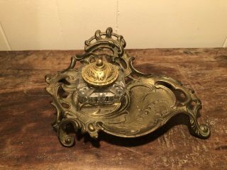 Vintage Victorian Antique Style Brass Desk Tray Art Nouveau With Crystal Inkwell 2