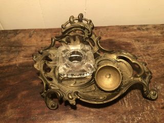 Vintage Victorian Antique Style Brass Desk Tray Art Nouveau With Crystal Inkwell 3