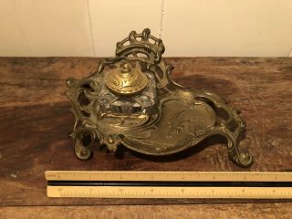 Vintage Victorian Antique Style Brass Desk Tray Art Nouveau With Crystal Inkwell 5