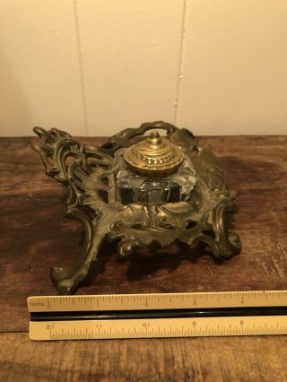Vintage Victorian Antique Style Brass Desk Tray Art Nouveau With Crystal Inkwell 6