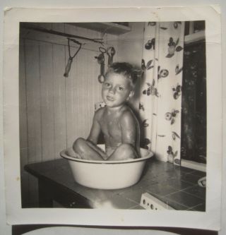 Funny Boy In Wash Basin Tub Taking Bath Old Photograph; Circa 1950s