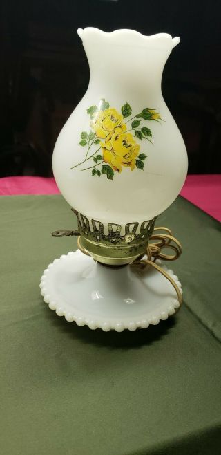 2 Vintage Hurricane Lamps White Milk Glass Hobnail Trim Floral Designs.