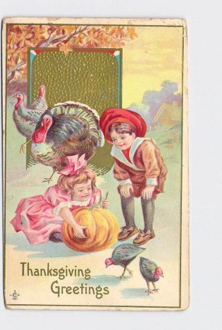 Antique Postcard Thanksgiving Little Boy And Girl With Pumpkin And Turkeys Embos