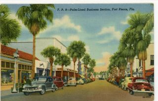 Fort Pierce Florida Fl " Palm Lined Business Section " Linen Postcard