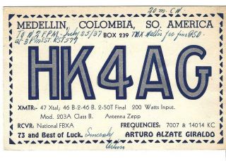 Qsl 1937 Colombia Stamps Radio Card