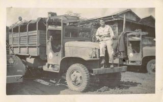 Smiling Man Sitting On Large Truck Forest Service 1940s Vtg Black White Photo