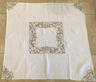 Vintage Tablecloth,  Linen,  Very Light Beige,  Flower Embroidery & Cut Work,  Beige