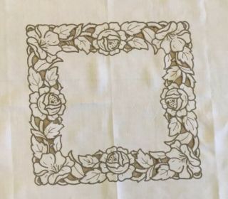 Vintage Tablecloth,  Linen,  Very Light Beige,  Flower Embroidery & Cut Work,  Beige 2