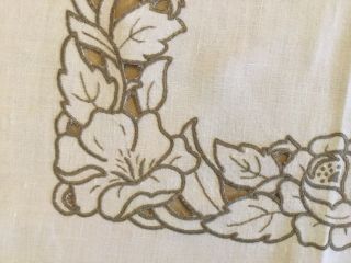 Vintage Tablecloth,  Linen,  Very Light Beige,  Flower Embroidery & Cut Work,  Beige 4