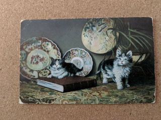 Cat Vintage Postcard.  Kittens On A Table.  Book.  Landor.  Tuck.  Pm 1908.  British