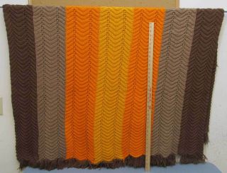 Crocheted Blanket Afghan Ripple Striped Stripe Brown Orange Yellow Fringe 52x74
