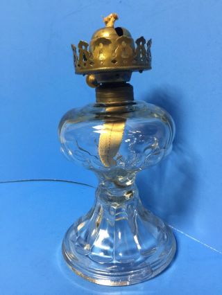 Antique Fancy 8 1/2” Pedestal Glass Finger Oil Lamp M.  B.  Co NY No1 Artic Burner 4