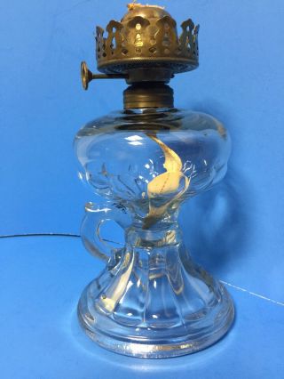 Antique Fancy 8 1/2” Pedestal Glass Finger Oil Lamp M.  B.  Co NY No1 Artic Burner 5