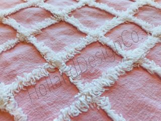 Cotton Candy Pink & White Lattice Vintage Chenille Bedspread Fabric Piece 18x24