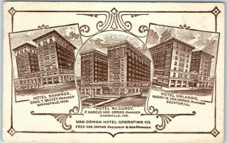 1929 Van Orman Hotels Adv.  Postcard Evansville In Springfield Oh Decatur Il