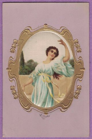 0817v Art Nouveau Vtg Pc Woman In Flowing White Robe Silk Insert Gold Frame