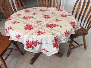 Vintage 1950/60s Tablecloth,  White With Red Flowers