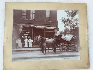 Vintage Photograph Two Horses,  Wagon,  Workers In Front Of Cash Market Building Il