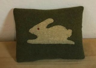 Small Country Pillow,  Appliquéd Bunny Rabbit,  Army Green Wool Fabric,  Hand Made