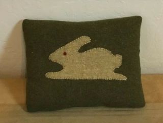 Small Country Pillow,  Appliquéd Bunny Rabbit,  Army Green Wool Fabric,  Hand Made 2