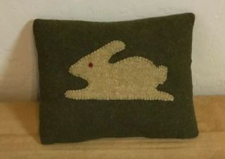 Small Country Pillow,  Appliquéd Bunny Rabbit,  Army Green Wool Fabric,  Hand Made 3