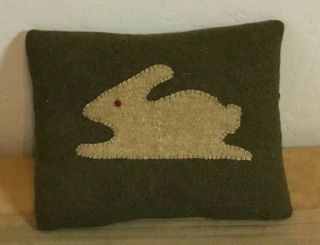 Small Country Pillow,  Appliquéd Bunny Rabbit,  Army Green Wool Fabric,  Hand Made 4