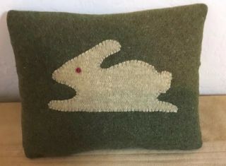 Small Country Pillow,  Appliquéd Bunny Rabbit,  Army Green Wool Fabric,  Hand Made 5
