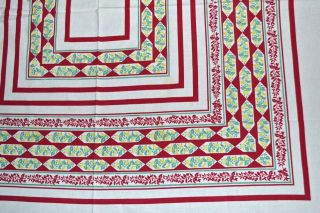 Vintage Print Tablecloth Midcentury,  Red Green Yellow,  Geometric Squares,  Floral 3