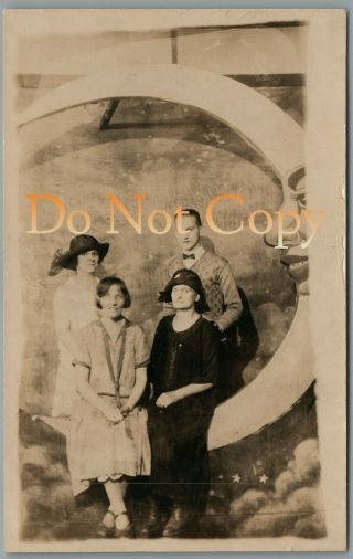 Mother & Adult Children On Paper Moon Rppc Real Photo Vintage Postcard