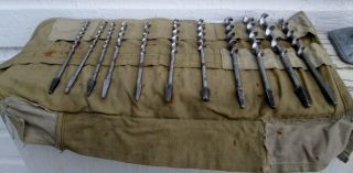 Vintage 11 Auger Drill Bits With Pouch /wood Workers Tools