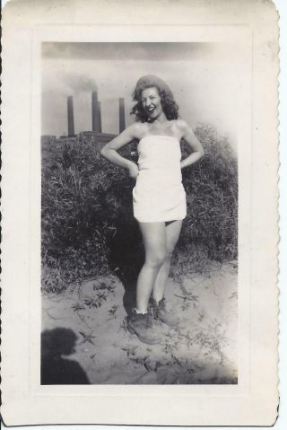 723p Vintage Photo Cute Young Woman At Beach W Towel Around Her And Army Boots