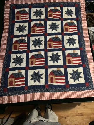 Patriotic Handmade Vintage Embroidered Cotton Quilt With A Few Flaws