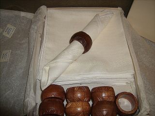 Vintage 8 Rayon White Napkins And 8 Carved Wood Napkin Rings 1960 