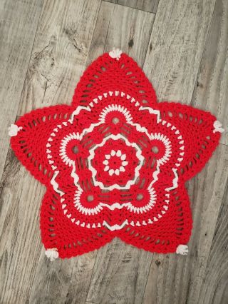 Vintage Crocheted Doilie Red And White Star 16 "