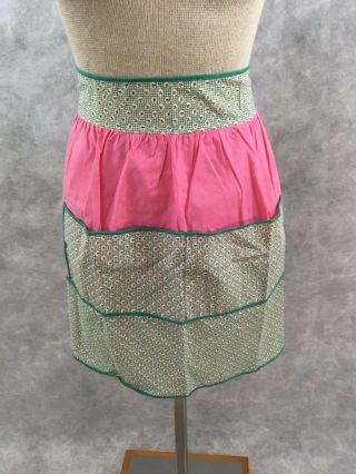 Vintage Half Apron Pink Green Floral 18 X 19 Inches 2 Front Pockets